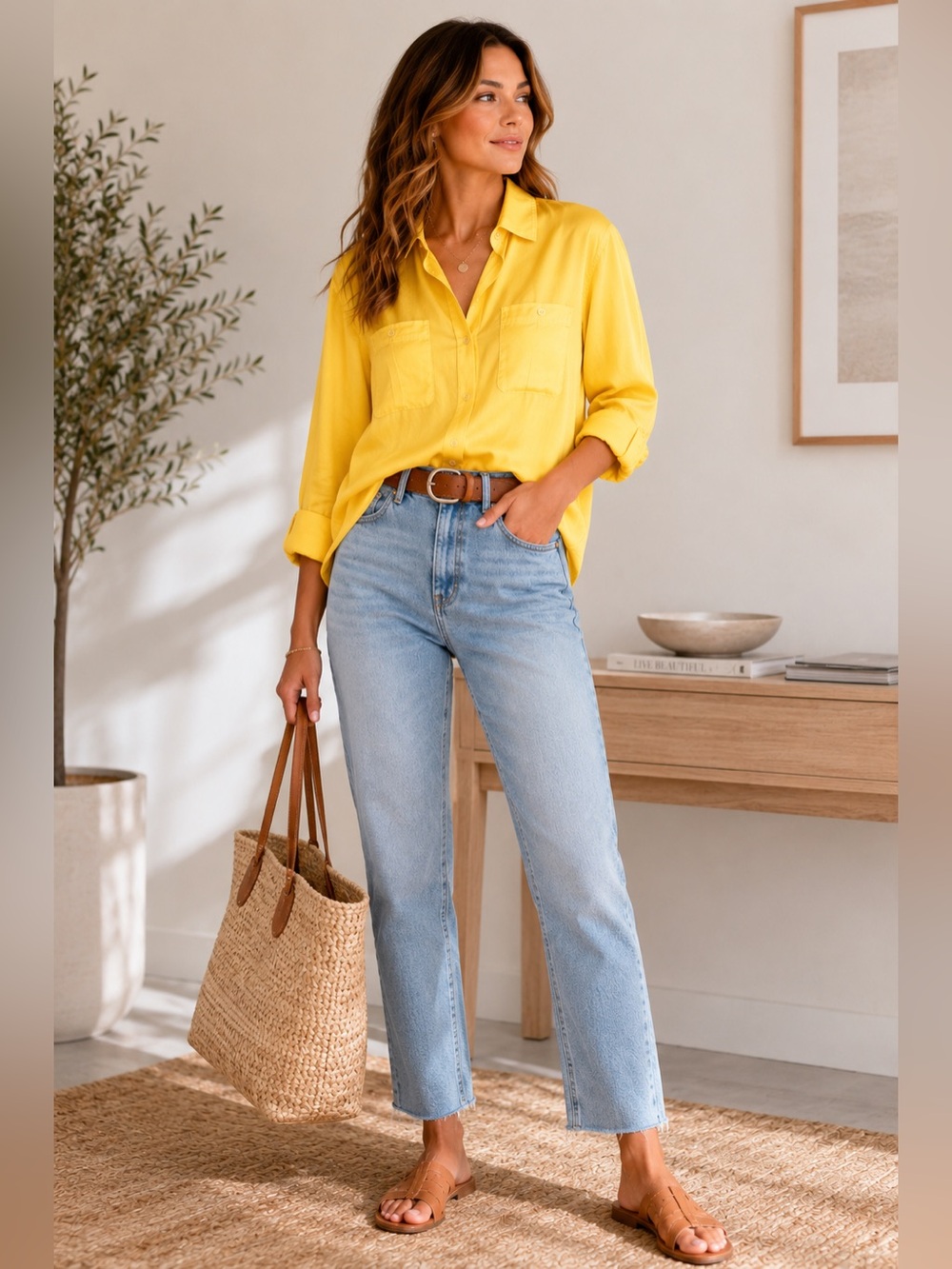 Vintage Yellow Silk Button Up Shirt Oversized Small